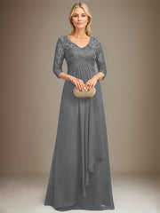 Empire V-Neck Floor-Length Lace Chiffon Mother of the Bride Dress With Cascading Ruffles Sequins