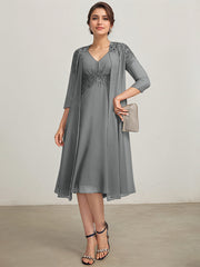 A-line V-Neck Knee-Length Chiffon Lace Mother of the Bride Dress With Pleated Beading Sequins