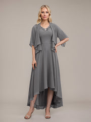 A-line V-Neck Asymmetrical Chiffon Mother of the Bride Dress With Beading Sequins