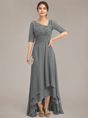 A-line Asymmetrical Asymmetrical Lace Chiffon Mother of the Bride Dress With Pleated Sequins
