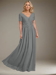 A-line V-Neck Floor-Length Chiffon Mother of the Bride Dress With Appliques Lace