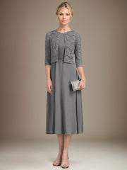 A-line Scoop Tea-Length Chiffon Mother of the Bride Dress With Pleated