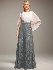 A-line Scoop Floor-Length Lace Sequin Chiffon Mother of the Bride Dress With Pleated