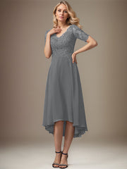 A-line V-Neck Asymmetrical Lace Chiffon Mother of the Bride Dress With Sequins