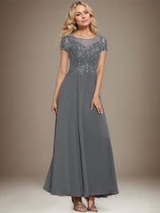 A-line Scoop Illusion Ankle-Length Lace Chiffon Mother of the Bride Dress With Sequins