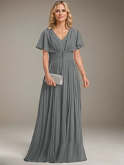 A-line V-Neck Floor-Length Chiffon Mother of the Bride Dress With Crystal Brooch Pleated