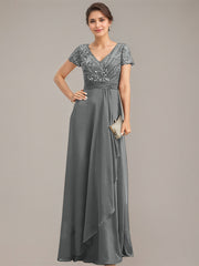A-line V-Neck Floor-Length Chiffon Lace Mother of the Bride Dress With Beading Sequins Cascading Ruffles