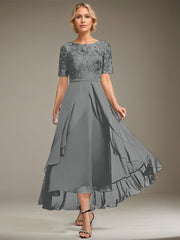 A-line Scoop Illusion Asymmetrical Lace Chiffon Mother of the Bride Dress