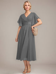A-line V-Neck Tea-Length Chiffon Mother of the Bride Dress With Pleated Beading