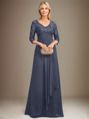 Empire V-Neck Floor-Length Lace Chiffon Mother of the Bride Dress With Cascading Ruffles Sequins