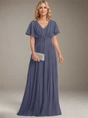 A-line V-Neck Floor-Length Chiffon Mother of the Bride Dress With Crystal Brooch Pleated