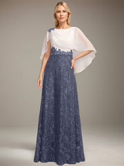 A-line Scoop Floor-Length Lace Sequin Chiffon Mother of the Bride Dress With Pleated