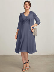 A-line V-Neck Knee-Length Chiffon Lace Mother of the Bride Dress With Pleated Beading Sequins