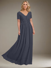 A-line V-Neck Floor-Length Chiffon Mother of the Bride Dress With Appliques Lace