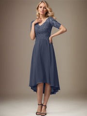 A-line V-Neck Asymmetrical Lace Chiffon Mother of the Bride Dress With Sequins