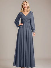 A-line V-Neck Floor-Length Chiffon Mother of the Bride Dress With Sequins Appliques Lace Pleated