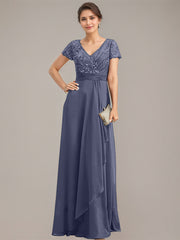 A-line V-Neck Floor-Length Chiffon Lace Mother of the Bride Dress With Beading Sequins Cascading Ruffles