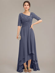 A-line Asymmetrical Asymmetrical Lace Chiffon Mother of the Bride Dress With Pleated Sequins