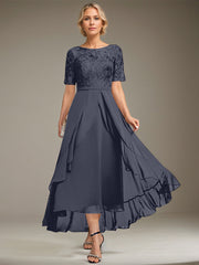 A-line Scoop Illusion Asymmetrical Lace Chiffon Mother of the Bride Dress