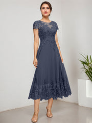A-line Scoop Illusion Tea-Length Lace Chiffon Mother of the Bride Dress With Sequins
