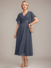 A-line V-Neck Tea-Length Chiffon Mother of the Bride Dress With Pleated Beading