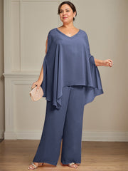 Separates Jumpsuit/Pantsuit V-Neck Floor-Length Chiffon Mother of the Bride Dress With Beading
