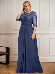 A-line Scoop Illusion Floor-Length Chiffon Lace Mother of the Bride Dress With Pleated Sequins Beading