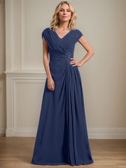 A-line V-Neck Floor-Length Chiffon Mother of the Bride Dress With Pleated Sequins Beading