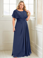A-line Scoop Floor-Length Chiffon Mother of the Bride Dress With Pleated Beading