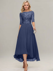 A-line Illusion Boat Neck Asymmetrical Chiffon Lace Mother of the Bride Dress With Sequins Beading