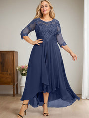 A-line Scoop Illusion Asymmetrical Lace Chiffon Mother of the Bride Dress With Cascading Ruffles