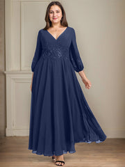A-line V-Neck Ankle-Length Lace Chiffon Mother of the Bride Dress With Sequins