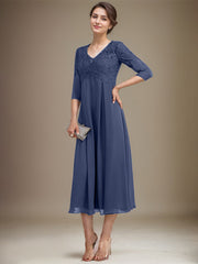 A-line V-Neck Tea-Length Chiffon Lace Mother of the Bride Dress With Beading
