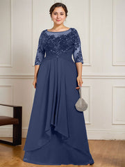A-line Scoop Illusion Floor-Length Lace Chiffon Mother of the Bride Dress With Cascading Ruffles