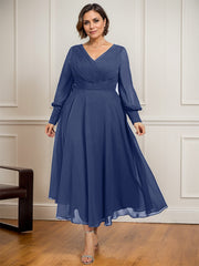 A-line V-Neck Tea-Length Chiffon Mother of the Bride Dress With Pleated