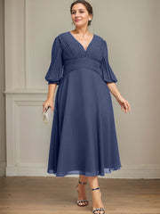A-line V-Neck Tea-Length Chiffon Mother of the Bride Dress With Pleated