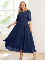 A-line Illusion Boat Neck Asymmetrical Chiffon Lace Mother of the Bride Dress With Sequins Beading