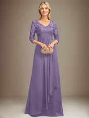 Empire V-Neck Floor-Length Lace Chiffon Mother of the Bride Dress With Cascading Ruffles Sequins