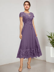 A-line Scoop Illusion Tea-Length Lace Chiffon Mother of the Bride Dress With Sequins