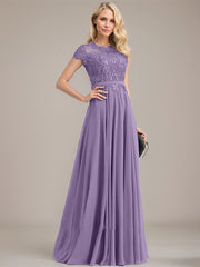 A-line Scoop Illusion Floor-Length Lace Chiffon Mother of the Bride Dress