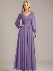 A-line V-Neck Floor-Length Chiffon Mother of the Bride Dress With Sequins Appliques Lace Pleated