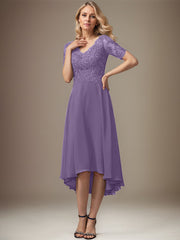 A-line V-Neck Asymmetrical Lace Chiffon Mother of the Bride Dress With Sequins
