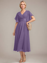 A-line V-Neck Tea-Length Chiffon Mother of the Bride Dress With Pleated Beading