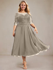 A-line Scoop Illusion Tea-Length Lace Chiffon Mother of the Bride Dress With Sequins
