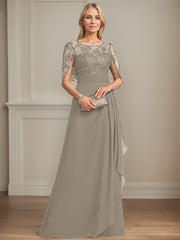 A-line Scoop Illusion Floor-Length Lace Chiffon Mother of the Bride Dress With Cascading Ruffles Sequins