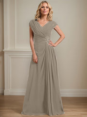 A-line V-Neck Floor-Length Chiffon Mother of the Bride Dress With Pleated Sequins Beading