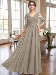 A-line V-Neck Floor-Length Lace Chiffon Mother of the Bride Dress With Sequins