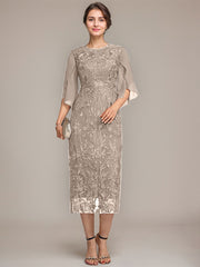 Sheath/Column Scoop Tea-Length Lace Chiffon Mother of the Bride Dress