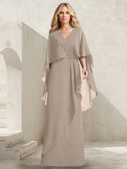 A-line V-Neck Floor-Length Chiffon Mother of the Bride Dress With Cascading Ruffles Beading