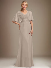 A-line V-Neck Floor-Length Chiffon Mother of the Bride Dress With Sequins Appliques Lace Pleated